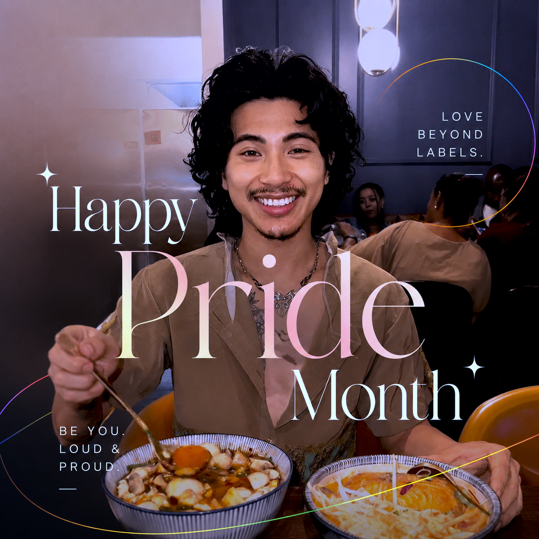 Jeremy Melodious celebrating Pride Month with food in front of him, smiling as the viral 'Good Morning Gorgeous' audio plays in a humorous LGBTQ+ lifestyle video about expecting friends to treat him during Pride Month.