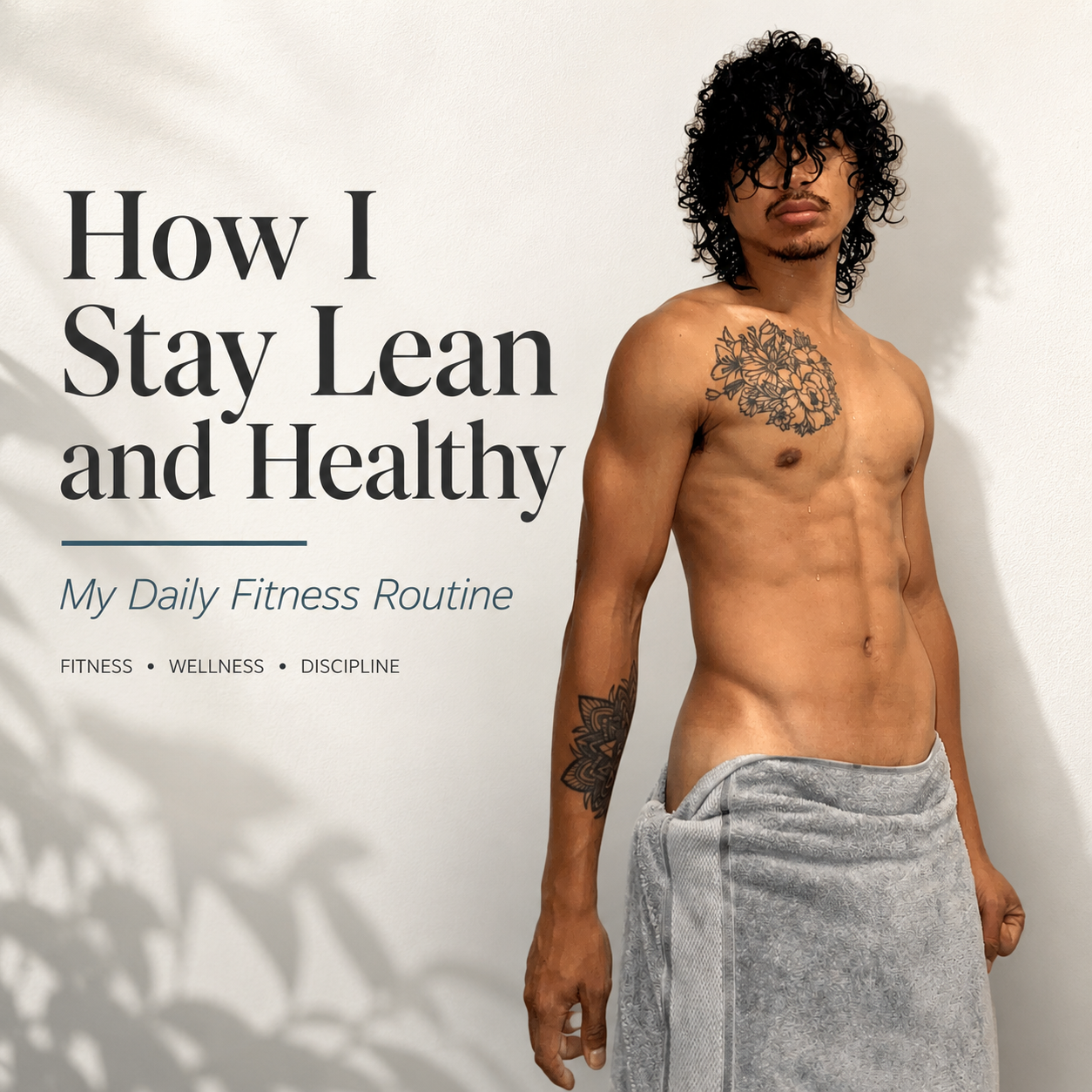 Lean, fit man with curly hair and tattoos featured in a wellness graphic for a daily fitness routine blog.