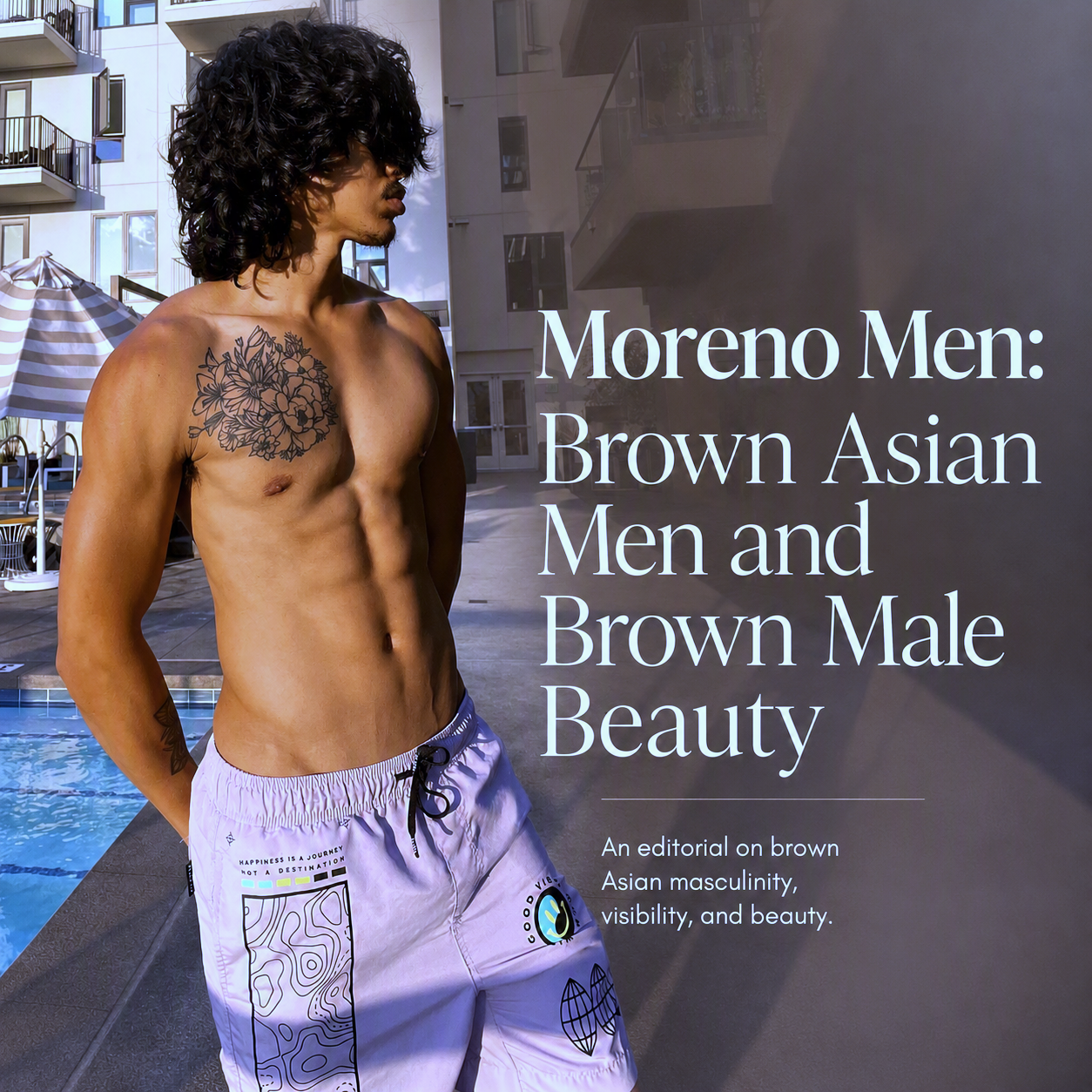 Brown Asian man with long curly hair standing shirtless by a pool at golden hour, featured in a luxury editorial graphic titled “Moreno Men: Brown Asian Men and Brown Male Beauty
