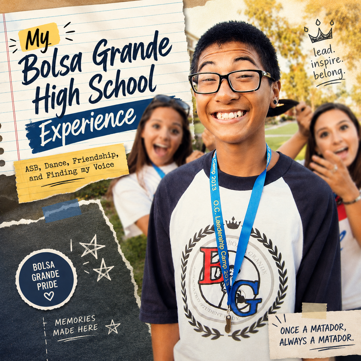 Jeremy Tong smiling with friends in a Bolsa Grande High School ASB memories graphic.