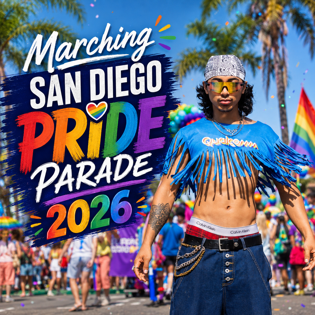 Jeremy marching at the San Diego Pride Parade 2026 in a blue fringe top, surrounded by rainbow balloons, palm trees and parade crowds.