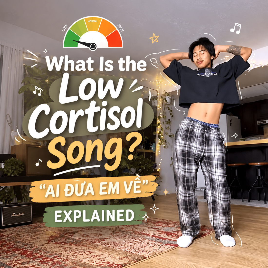 Jeremy Melodious dancing to the low cortisol song Ai Đưa Em Về in his living room wearing plaid pajama pants and a crop top