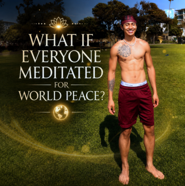 Premium Shopify blog cover featuring a smiling man outdoors with the title “What If Everyone Meditated For World Peace?” about mindfulness, meditation, inner peace, and personal growth.